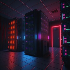 Server room with neon colors, large blocks of computers for servers, sites, big data processing, cloud storage. Server room without people, illustration ai generative. 