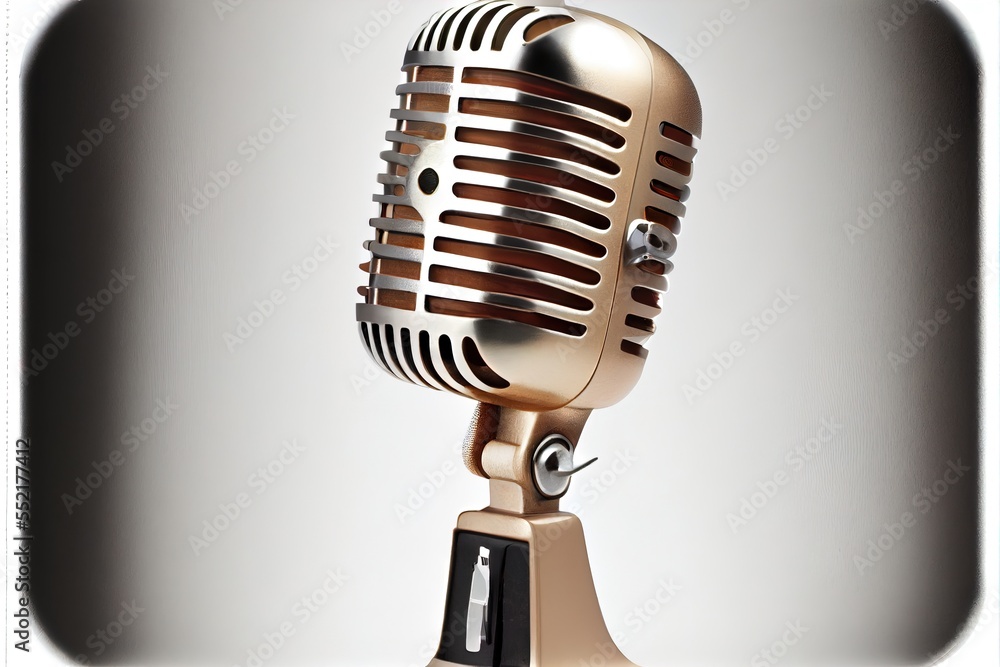 Poster a gold microphone with a black handle and a white background with a shadow of a wall behind it and a