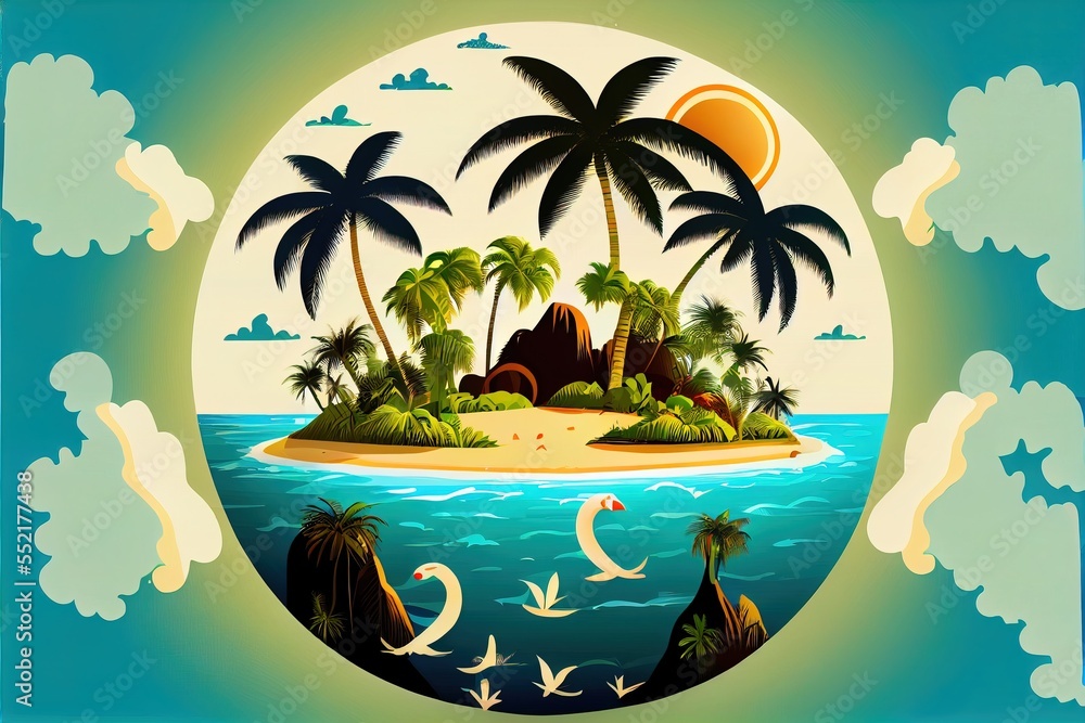 Poster a tropical island with palm trees and birds flying around it in a circle frame with a blue sky and c