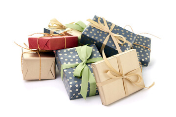 Gift boxes holiday present isolated on white. Colorful gift boxes heap. Christmas or birthday gift boxes group