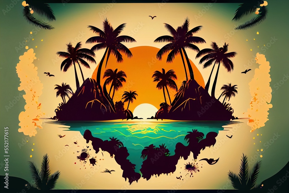 Poster a tropical island with palm trees and a sunset in the background with a bird flying over the island 