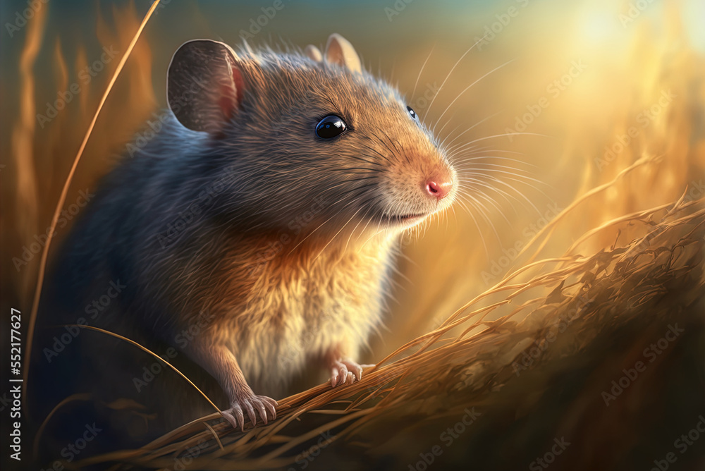 Poster sunlight and a blurred backdrop highlight this close-up of a marsh rice rat. generative ai