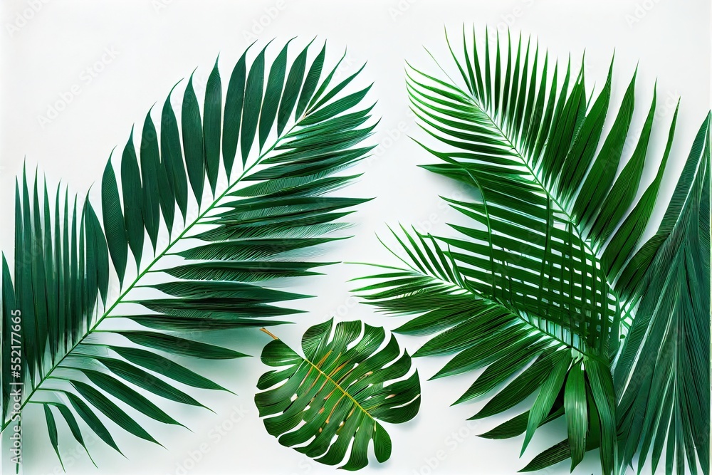 Poster a group of green leaves on a white background with a green line in the middle of the image. generati