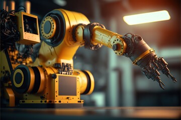 Robotic arm in yellow color. Autonomous robot. Industrial machine robotic arm robot. Generative AI