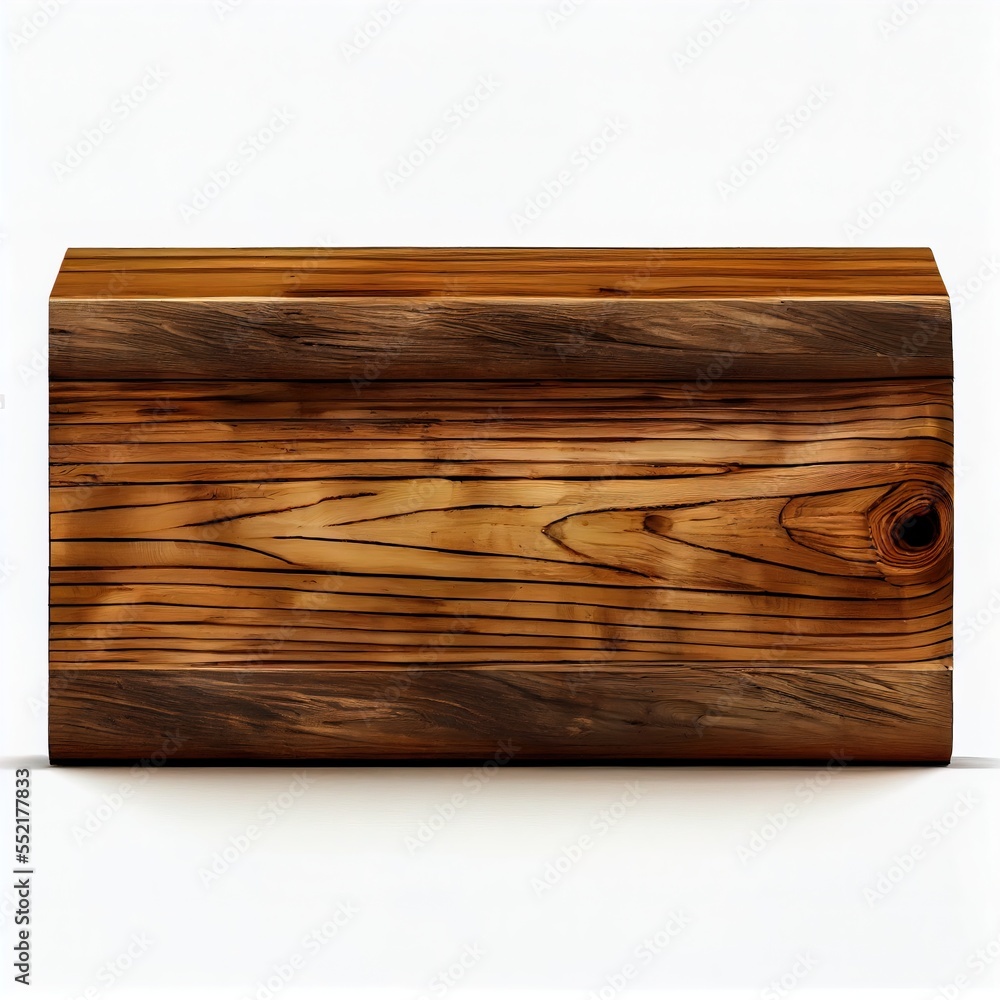 Poster a wooden box with a hole in the middle of it and a white background behind it. generative ai
