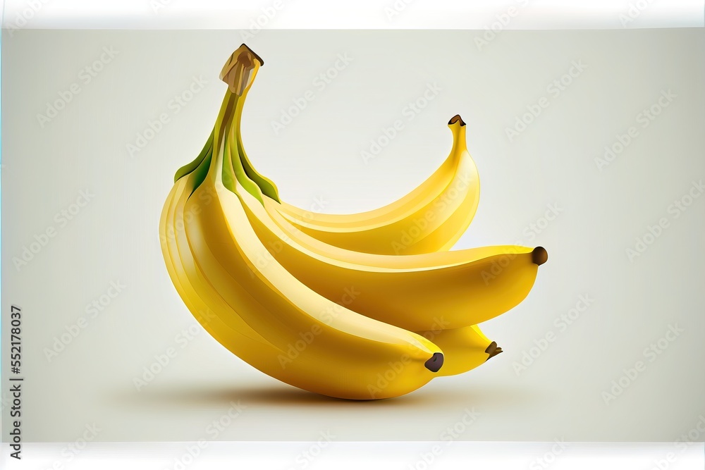 Poster a bunch of bananas sitting on top of a table next to each other on a white background with a shadow.