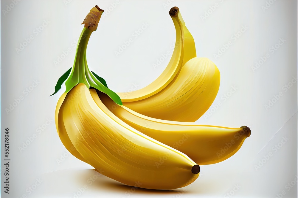 Poster  a bunch of bananas with a green stem on a white background with a shadow of the bananas on the bottom. Generative AI