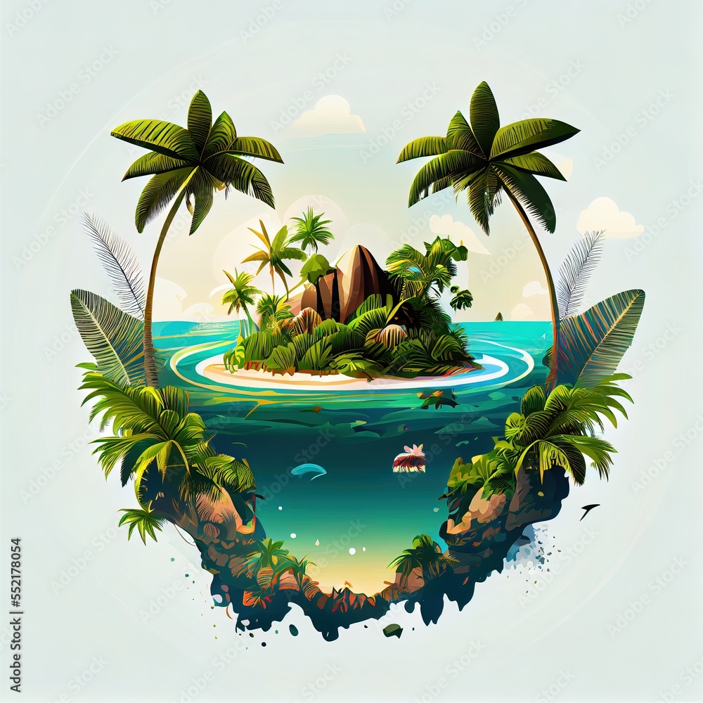 Poster a small island with palm trees and a boat in the water with a small island in the middle of the wate