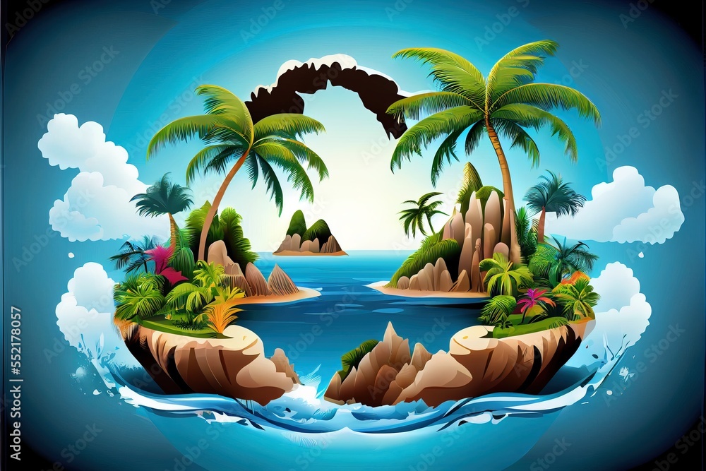 Poster a cartoon island with palm trees and a waterfall in the middle of the ocean with waves and waves cra