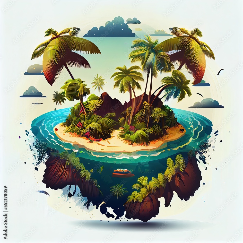 Poster an island with palm trees and a boat in the water. generative ai
