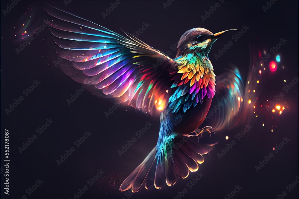 Aufkleber a colorful bird with wings spread out in the air with a black background and a blue frame around it.