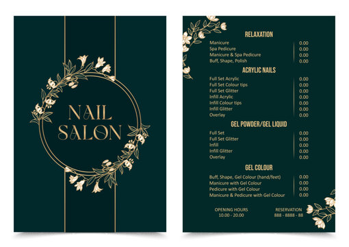Vector Illustration sticker business card for nail salon decorated with botanical art texture with pricelist and special offer. A4 a5 printable template