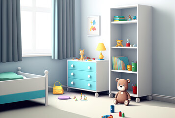 A basic child's room with an empty wall space and a white backdrop. Generative AI