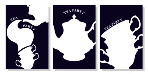 Foto op Aluminium Set of  wonderland vector card. Mad tea party. White silhouettes  tea cups and teapot  on black background © svetlanasmirnova