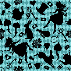 Wonderland seamless pattern. Black silhouettes Alice, rabbit, key, tea cup and teapot, roses and other on chess background. Texture for fabric, wallpaper, decorative print