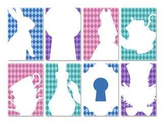 Set of  wonderland vector card. Mad tea party. White silhouettes Alice, rabbit,mad hatter,  tea cup, teapot, bottle, keyhole on checkered background - 552178281
