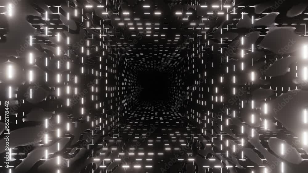 Poster 4k seamless looped animation. fly through mirror tunnel with neon pattern, glow lines form sci fi pa