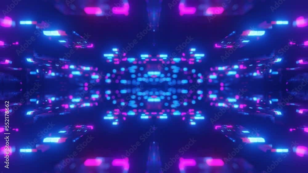 Poster fly through symmetrical technology cyberspace with neon glow. sci-fi flight through hi-tech technolo
