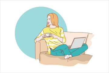 Beautiful young woman working with laptop on sofa Ready to sip coffee happily. work from home. coffee time. cartoon vector illustration.