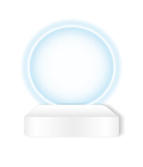 3d realistic podium. Sale promo banner template with illuminated circle, sale and discount background. Vector geometric platform.