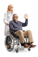 Male patient sitting in a wheelchair and waving and female doctor standing behind