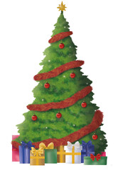 Watercolor style Christmas tree with red tinsel, red ornaments and with a star and lots of gifts underneath