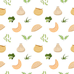 Seamless pattern with greenery and chinese dumplings dim sum, Gyoza. Asian food. Vector illustration