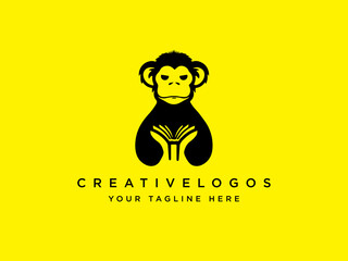 Monkey Reading Book Logo design vector, monkey logo design, modern monkey logo, minimalist monkey logo, custom monkey logo vector