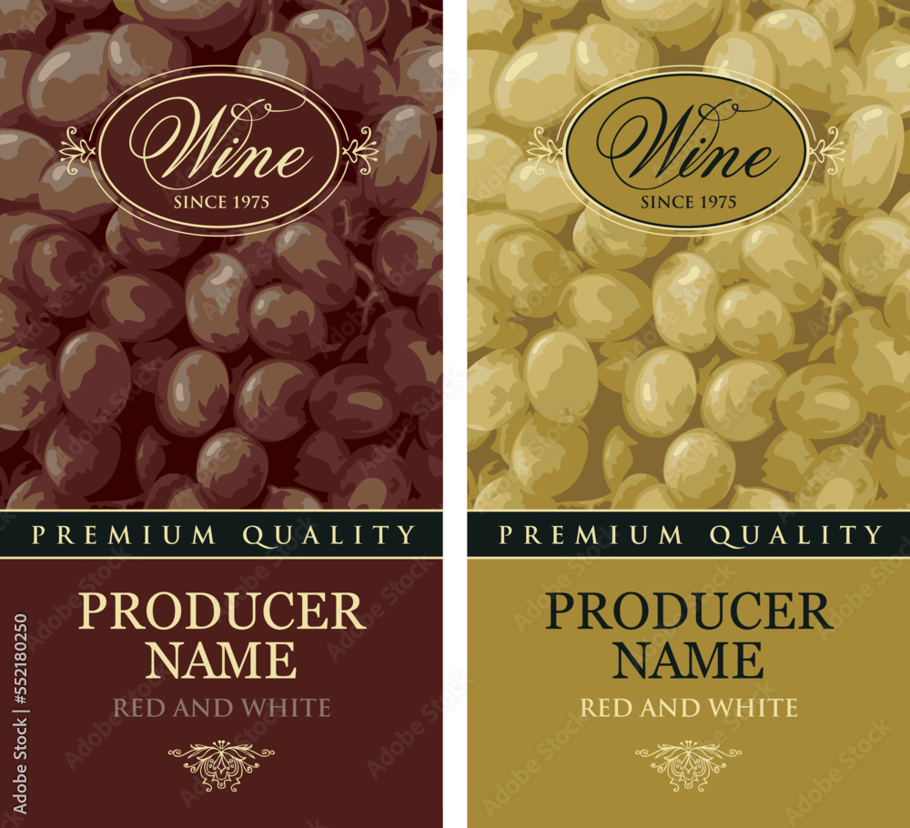 Aufkleber set of vertical wine labels with realistic bunches of delicious grapes and calligraphic inscriptions