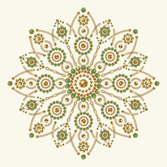 Jewellery luxury mandala with round motifs. Ornament made of gold jewelry chains, green gems, rhinestones, ball beads in vintage style. For prints, poster, cover, textile, surface design.