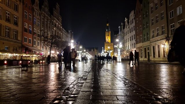 long market square and christmas tree in the night illumination for christmas. Gdansk, Poland. time lapse