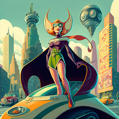 Retro comic book superhero woman in a futuristic city. Created with generative AI software. 
