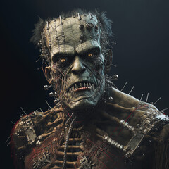 Intense, muscular Frankenstein like monster with wires and metal connections on his stitched up body. Realistic Halloween theme. Created with generative AI software. 
