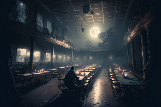 An Abandoned Food Hall In A Deserted School Illuminated By Moonlight, A Student Eating Dinner At A Large Cafeteria Table. Digital Concept Art Of An Eerie School Environment At Night