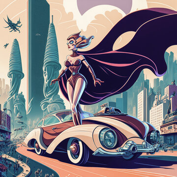 Retro comic book superhero woman in a futuristic city. Created with generative AI software. 
