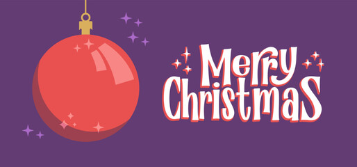 Merry Christmas horizontal banner. Flat design christmas ball. for greeting card or advertising in horizontal design with copy space.