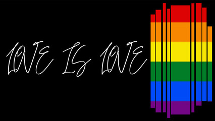 LOVE IS LOVE en fondo negro con la bandera del orgullo - obrazy, fototapety, plakaty