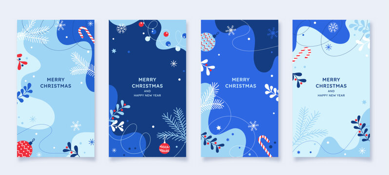 Merry Christmas And Happy New Year Set Of Social Media Story Design Templates. Xmas Holiday Poster Set. Vector Design Of Christmas Elements For Greeting Card, Cover, Social Media Post.