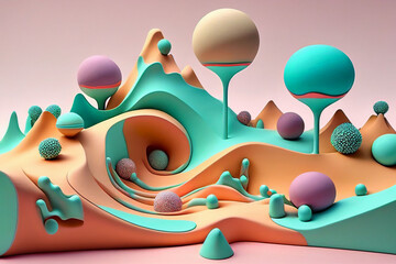 Fototapeta premium Creative ideas of minimalism. Galactic cartoon mountain landscape. Advertising design.