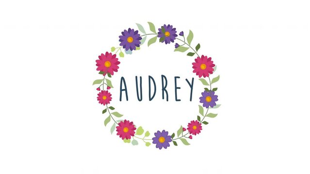 audrey girls name motion animation concept.woman name with floral wreath