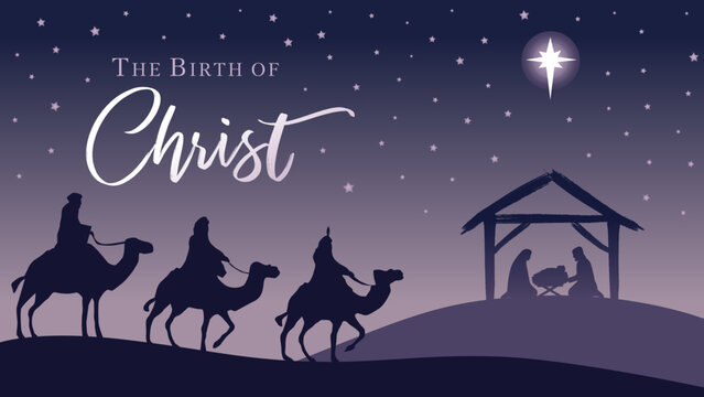 Nativity scene - silhouette Jesus in manger, wisemen and Bethlehem star. Three kings, camels, Mary, Joseph and Bethlehem star. Vector illustration