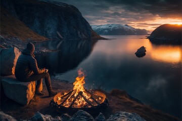 A fictional man sitting next to a campfire in the wilderness of Norway. The golden light of the fire illuminates the man's face, giving him a rugged and adventurous appearance. - obrazy, fototapety, plakaty