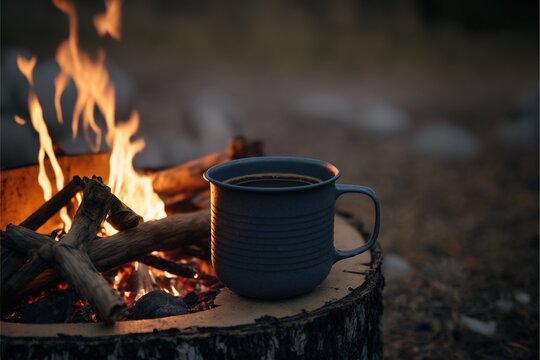 a steaming cup of coffee, nestled in the wilderness of Norway. The golden light of the campfire illuminates the cup, giving it a warm and inviting appearance.
