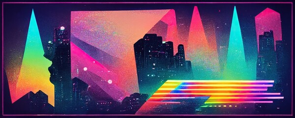 Futuristic synthwave geometric cityscape, abstract rainbow background banner (generative ai art)