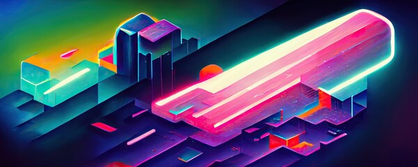 geometric synthwave cityscape abstract rainbow neon futuristic background (generative ai art) 