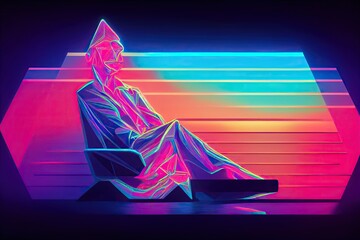 abstract retro vaporwave meditation figure neon futuristic music background banner (generative ai art)