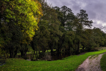 Fototapeta na wymiar Walking along the river Derwent in autumn, trees reflecting in the Goit, Derbyshire, England