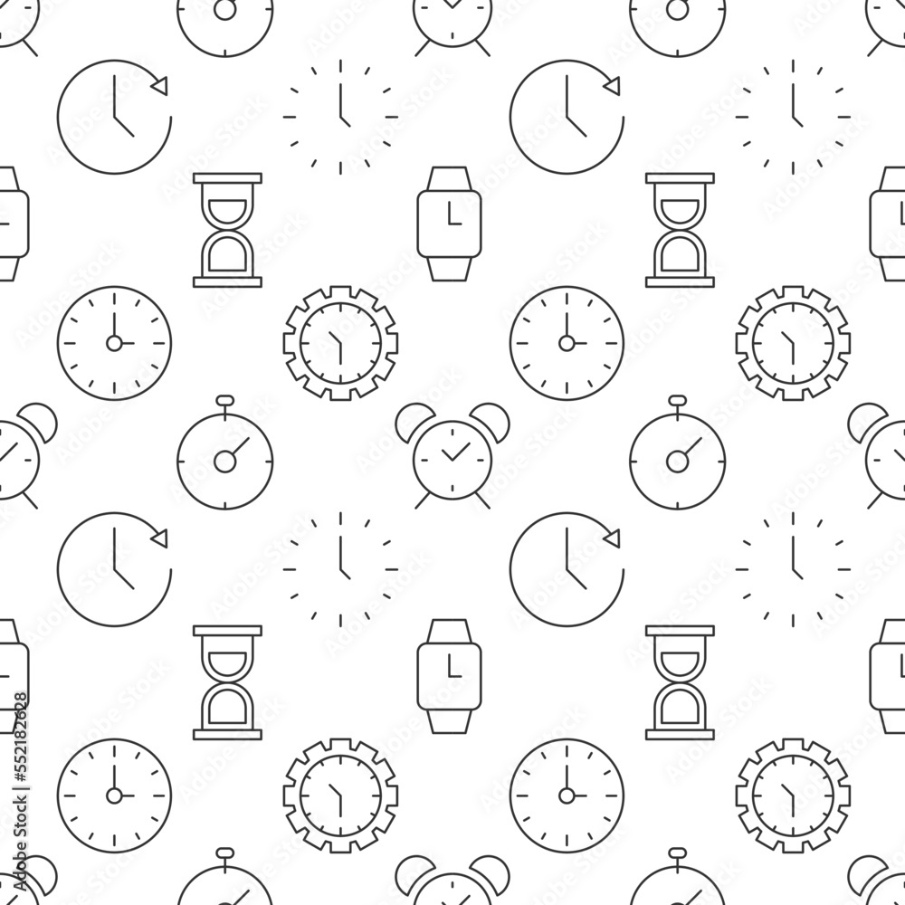 Poster seamless vector pattern of various clocks and watch. suitable for web sites, apps, covers, wrapping