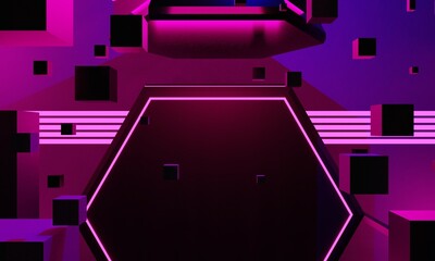 3d illustration rendering, gaming gamer background abstract wallpaper, cyberpunk style metaverse scifi game, neon glow of stage scene pedestal room