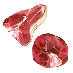 Meat. Red beef steaks hand drawn in watercolor on a white background. Suitable for printing on dishes, menus, books, fabrics, for design and creativity.